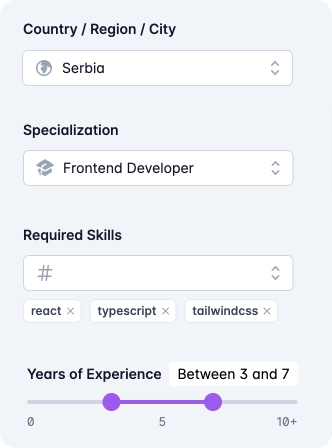 An example of filters on DevScanr Talent Search